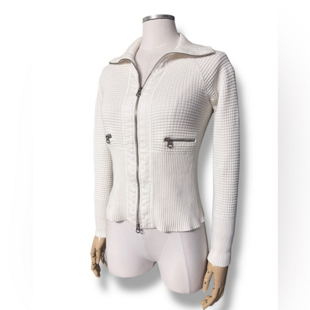 A/X ARMANI EXCHANGE Off White Ribbed & Thermal Waffle Knit Zip Front Sweater